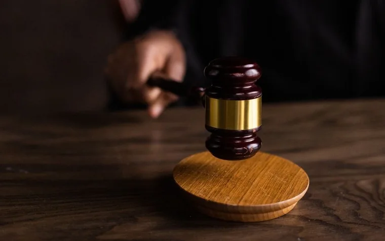 A judge's gavel resting on a wooden sound block