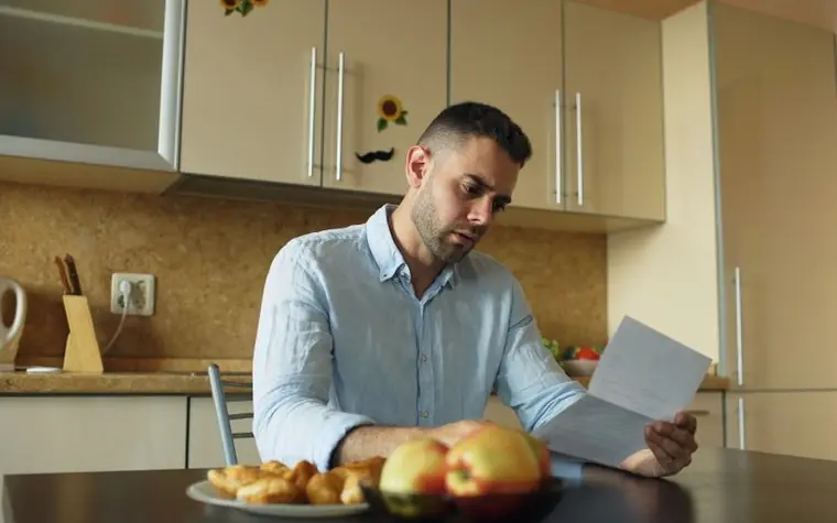 A man in a shirt carefully reading a paper document in a kitchen