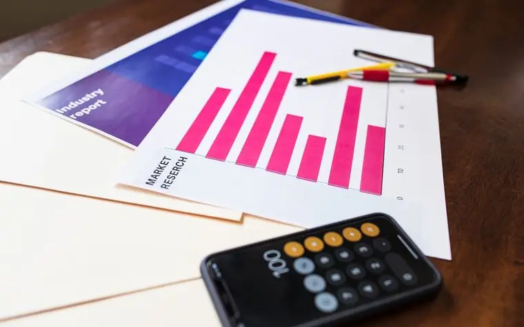 Desk with a market research report, bar chart, and calculator