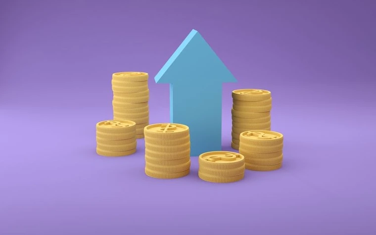 Stacked coins with an upward arrow on a purple background, symbolizing asset growth