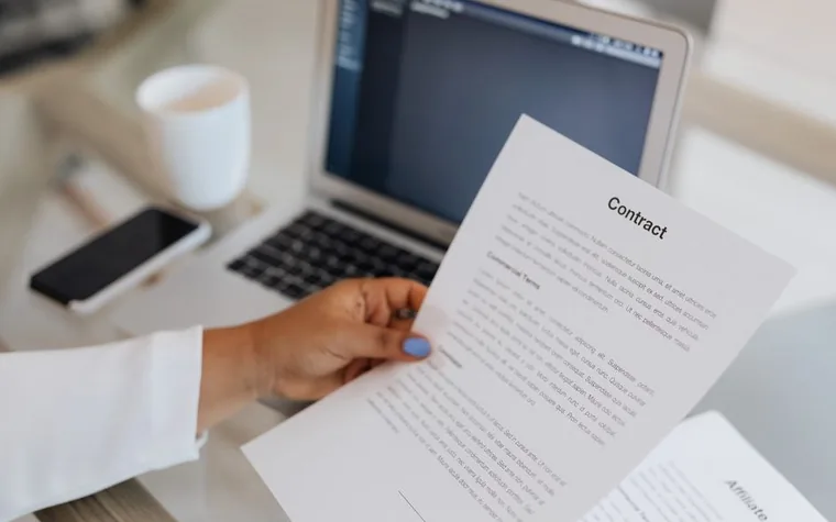 A hand holding and reviewing a contract