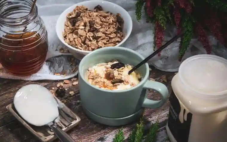Breakfast table with dairy and yogurt showing calcium intake