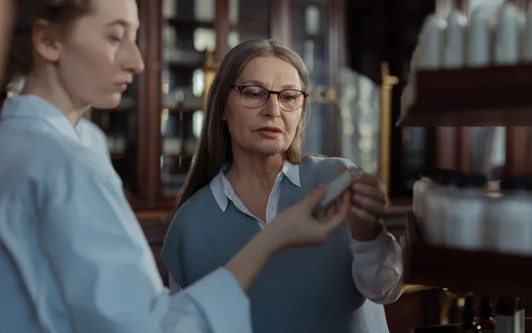 An elderly person checking a prescription with a pharmacist