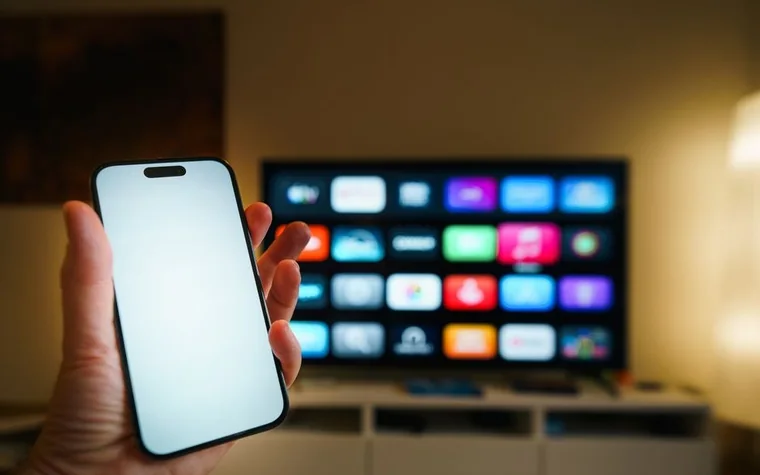 A hand holding a smartphone in front of a smart TV showing a grid of apps
